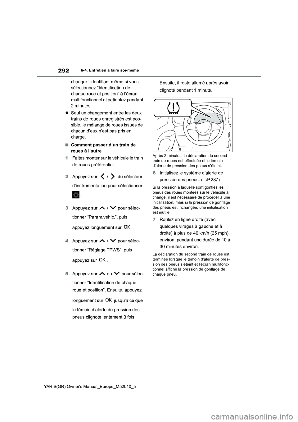 TOYOTA GR YARIS 2020  Notices Demploi (in French) 292
YARIS(GR) Owners Manual_Europe_M52L10_fr
6-4. Entretien à faire soi-même
changer l’identifiant même si vous  
sélectionnez “Identification de 
chaque roue et position” à l’écran 
mu