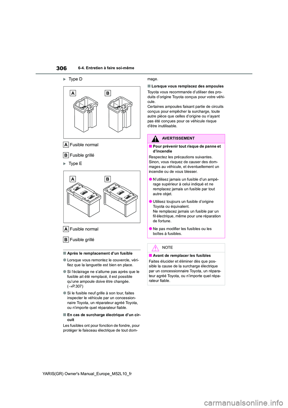 TOYOTA GR YARIS 2020  Notices Demploi (in French) 306
YARIS(GR) Owners Manual_Europe_M52L10_fr
6-4. Entretien à faire soi-même
Ty p e  D 
Fusible normal 
Fusible grillé
Ty p e  E 
Fusible normal 
Fusible grillé
■Après le remplacement d