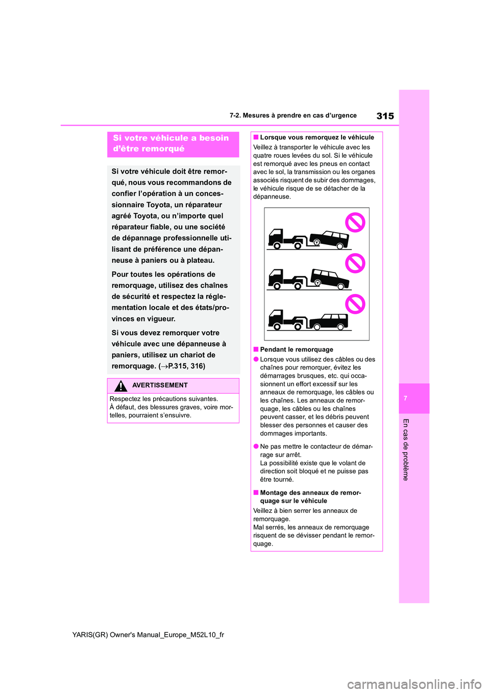 TOYOTA GR YARIS 2020  Notices Demploi (in French) 315
7
YARIS(GR) Owners Manual_Europe_M52L10_fr
7-2. Mesures à prendre en cas d’urgence
En cas de problème
7-2.Mesures à prendre en cas d’urgenceSi votre véhicule a besoin  
d’être remorqu