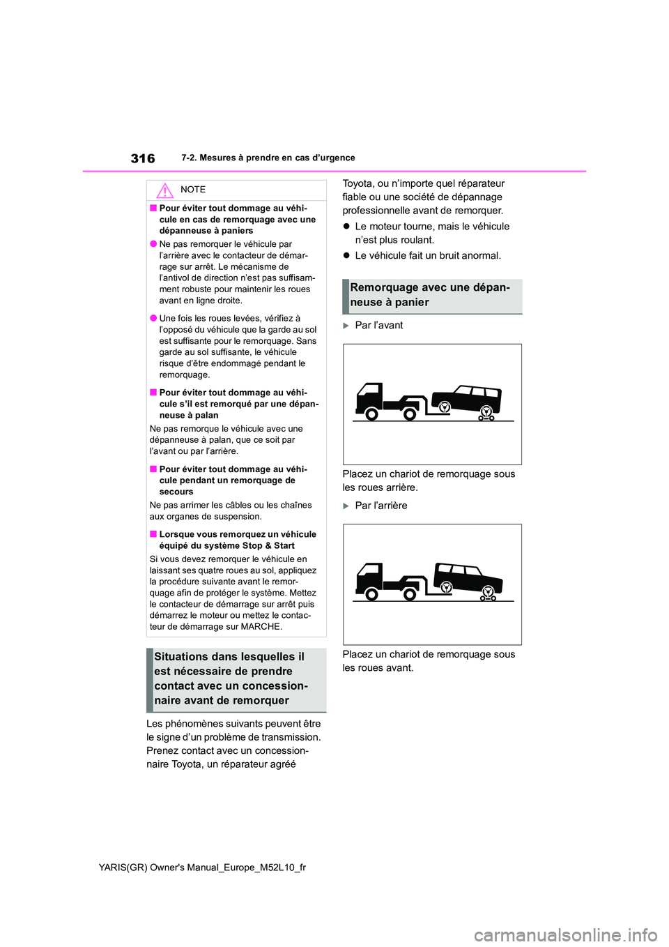 TOYOTA GR YARIS 2020  Notices Demploi (in French) 316
YARIS(GR) Owners Manual_Europe_M52L10_fr
7-2. Mesures à prendre en cas d’urgence
Les phénomènes suivants peuvent être  
le signe d’un problème de transmission. 
Prenez contact avec un co