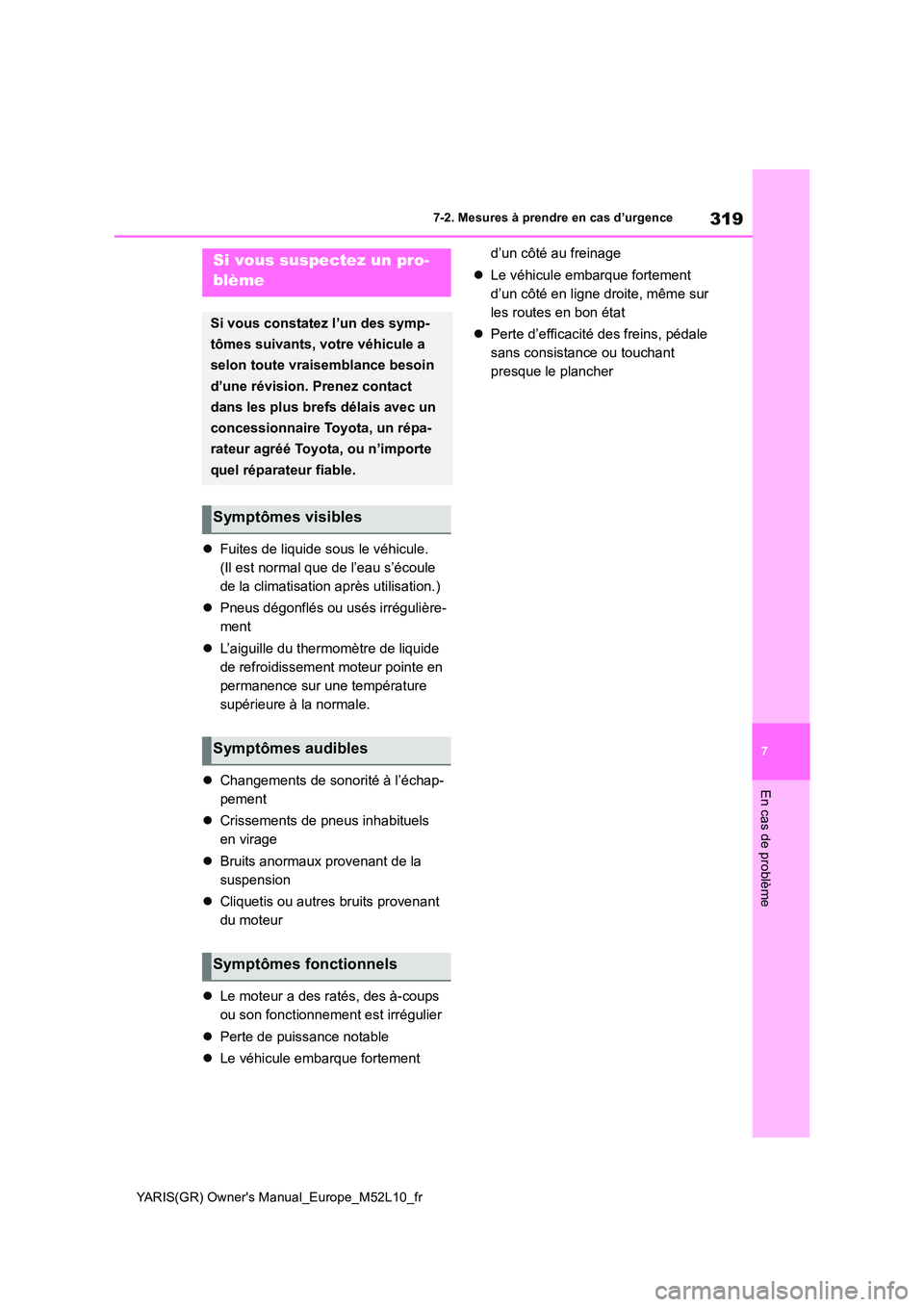 TOYOTA GR YARIS 2020  Notices Demploi (in French) 319
7
YARIS(GR) Owners Manual_Europe_M52L10_fr
7-2. Mesures à prendre en cas d’urgence
En cas de problème
�zFuites de liquide sous le véhicule. 
(Il est normal que de l’eau s’écoule 
de la 