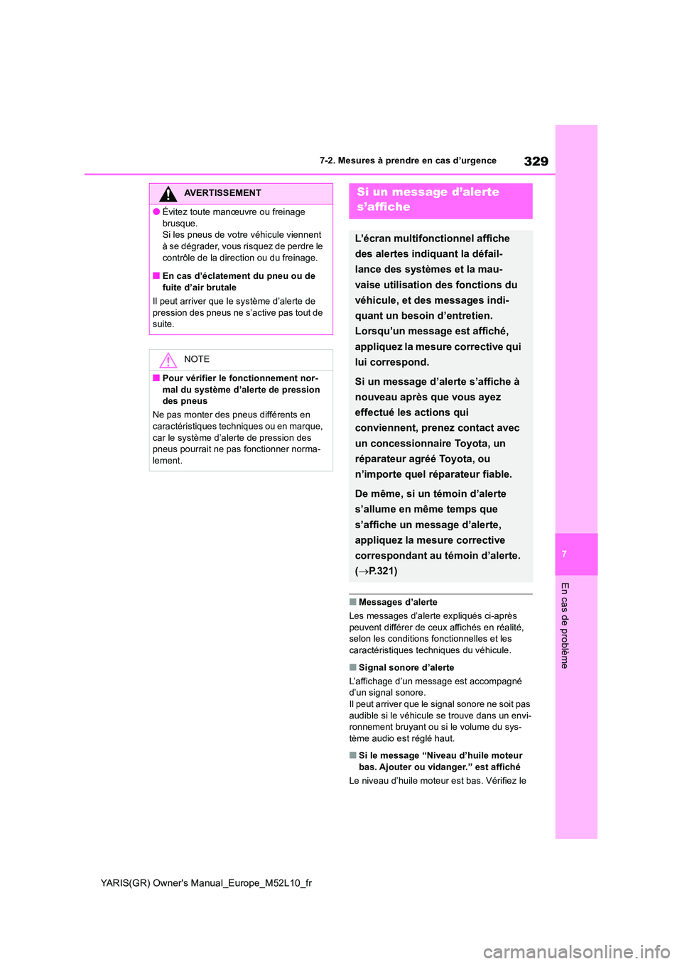 TOYOTA GR YARIS 2020  Notices Demploi (in French) 329
7
YARIS(GR) Owners Manual_Europe_M52L10_fr
7-2. Mesures à prendre en cas d’urgence
En cas de problème
■Messages d’alerte 
Les messages d’alerte  expliqués ci-après  peuvent différer 