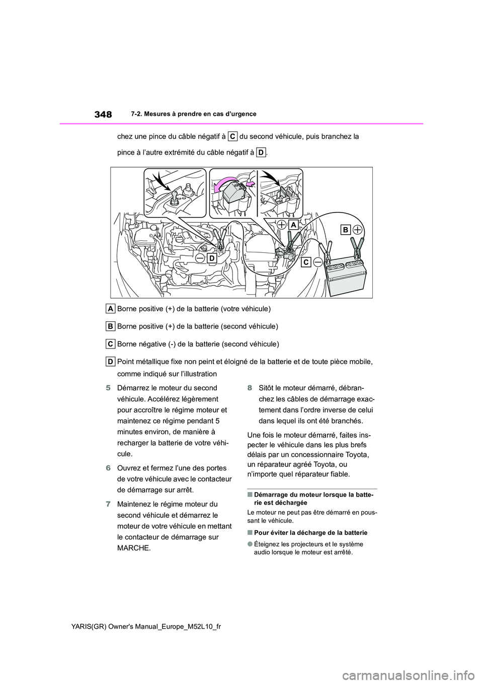 TOYOTA GR YARIS 2020  Notices Demploi (in French) 348
YARIS(GR) Owner's Manual_Europe_M52L10_fr
7-2. Mesures à prendre en cas d’urgence
chez une pince du câble négatif à   du second véhicule, puis branchez la  
pince à l’autre extrémit
