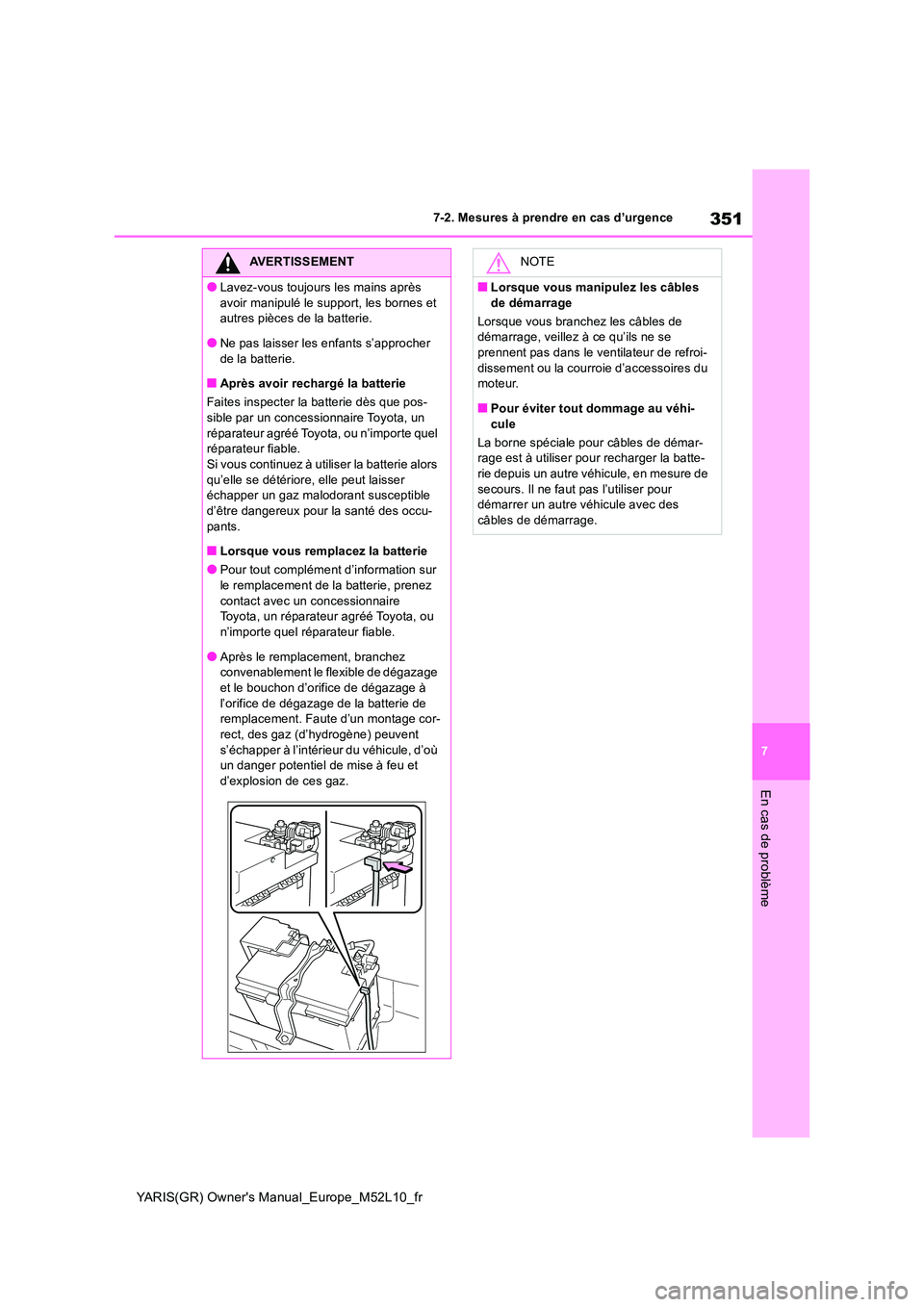 TOYOTA GR YARIS 2020  Notices Demploi (in French) 351
7
YARIS(GR) Owners Manual_Europe_M52L10_fr
7-2. Mesures à prendre en cas d’urgence
En cas de problème
AVERTISSEMENT
●Lavez-vous toujours les mains après  
avoir manipulé le support, les b