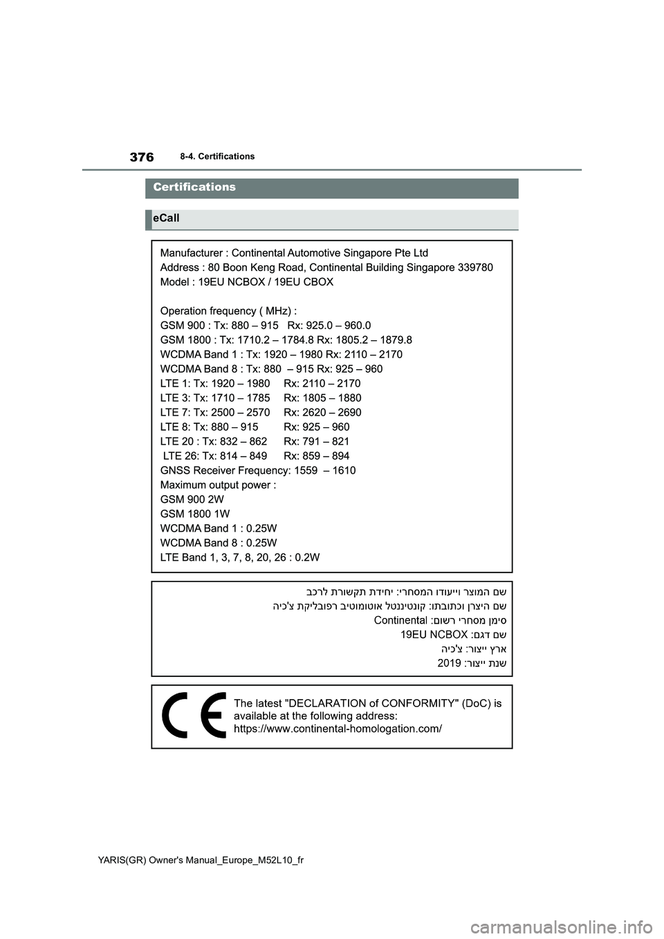 TOYOTA GR YARIS 2020  Notices Demploi (in French) 376
YARIS(GR) Owners Manual_Europe_M52L10_fr
8-4. Certifications
8-4.CertificationsCertifications
eCall 