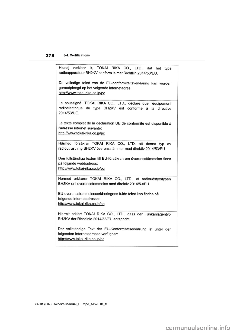 TOYOTA GR YARIS 2020  Notices Demploi (in French) 378
YARIS(GR) Owners Manual_Europe_M52L10_fr
8-4. Certifications 
