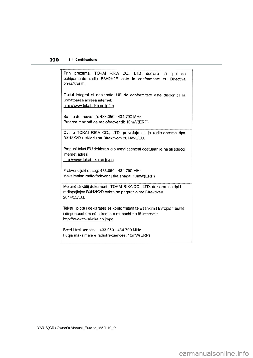 TOYOTA GR YARIS 2020  Notices Demploi (in French) 390
YARIS(GR) Owners Manual_Europe_M52L10_fr
8-4. Certifications 