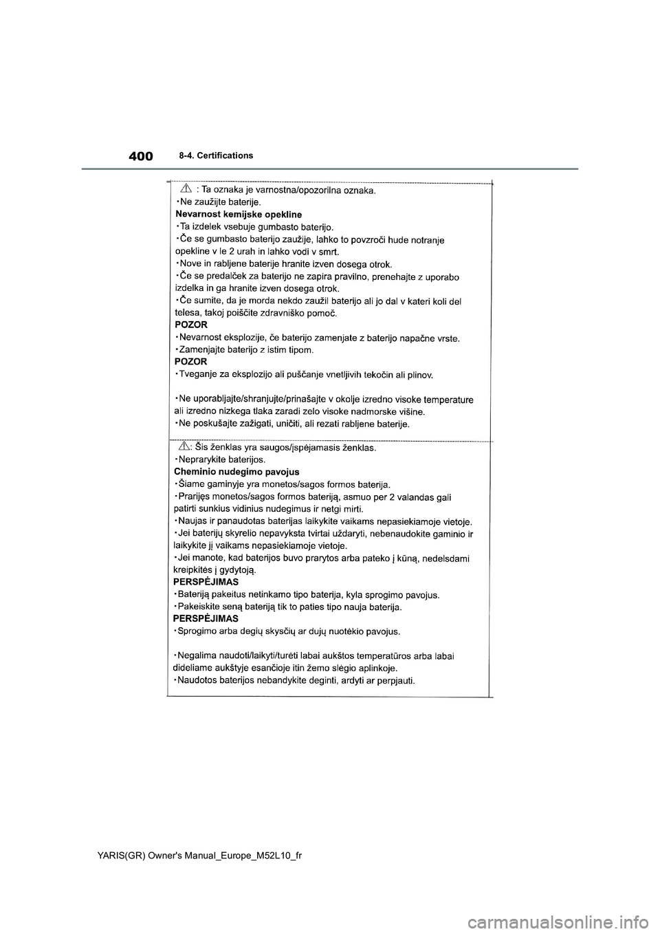 TOYOTA GR YARIS 2020  Notices Demploi (in French) 400
YARIS(GR) Owners Manual_Europe_M52L10_fr
8-4. Certifications 
