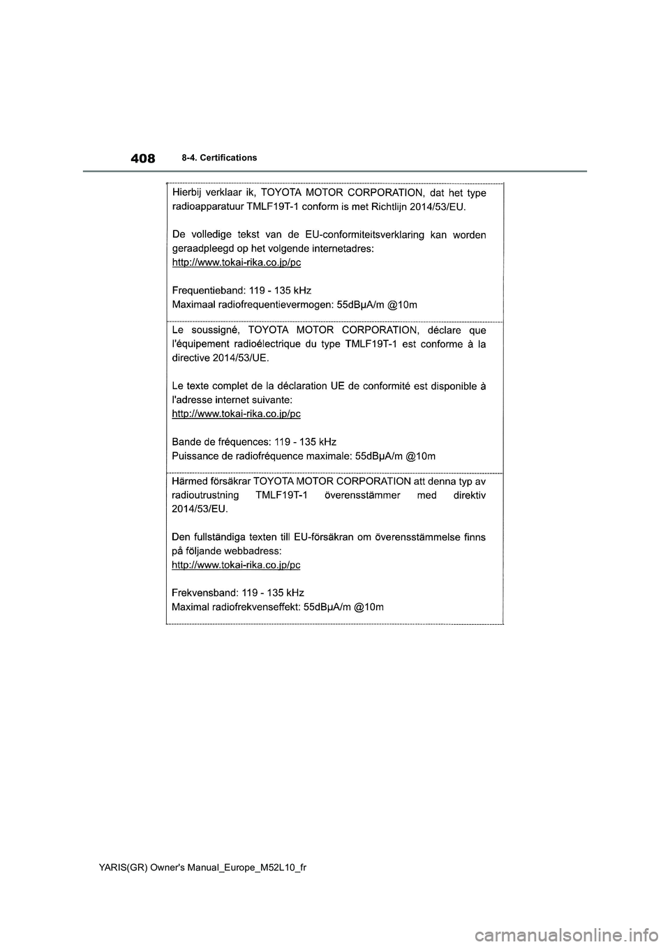TOYOTA GR YARIS 2020  Notices Demploi (in French) 408
YARIS(GR) Owners Manual_Europe_M52L10_fr
8-4. Certifications 