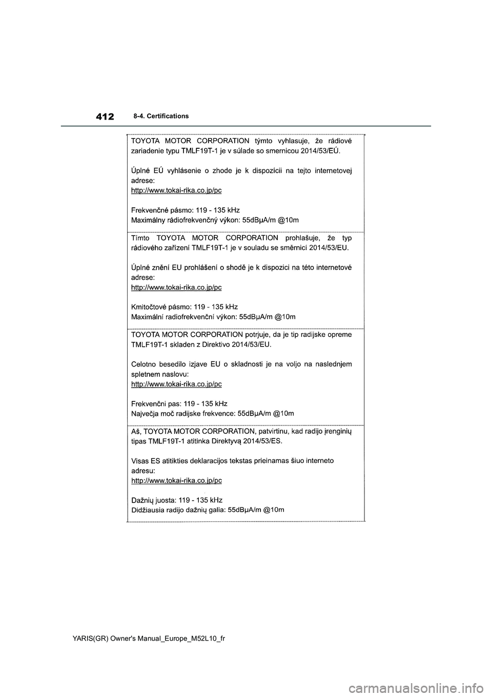 TOYOTA GR YARIS 2020  Notices Demploi (in French) 412
YARIS(GR) Owners Manual_Europe_M52L10_fr
8-4. Certifications 