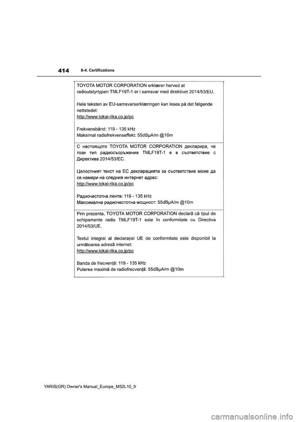 TOYOTA GR YARIS 2020  Notices Demploi (in French) 414
YARIS(GR) Owners Manual_Europe_M52L10_fr
8-4. Certifications 