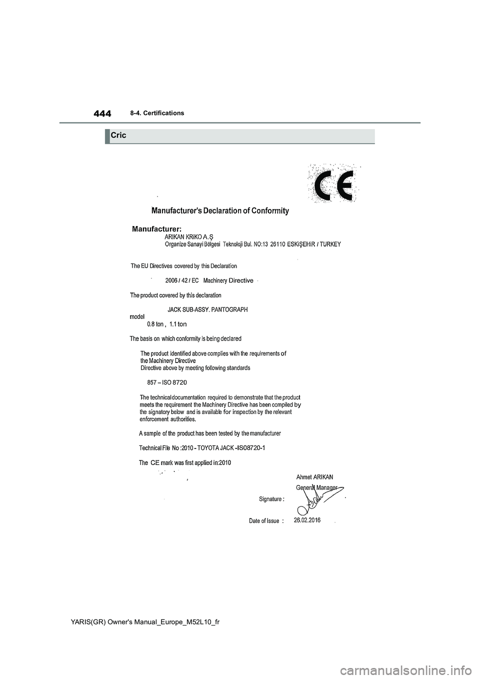 TOYOTA GR YARIS 2020  Notices Demploi (in French) 444
YARIS(GR) Owners Manual_Europe_M52L10_fr
8-4. Certifications
Cric 