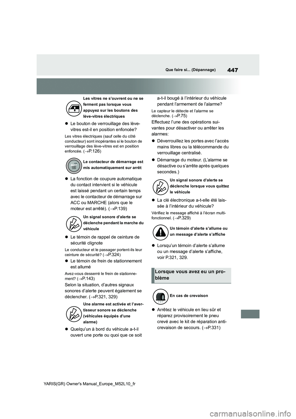 TOYOTA GR YARIS 2020  Notices Demploi (in French) 447
YARIS(GR) Owners Manual_Europe_M52L10_fr
Que faire si... (Dépannage)
�zLe bouton de verrouillage des lève- 
vitres est-il en position enfoncée?
Les vitres électriques (sauf celle du côté  c