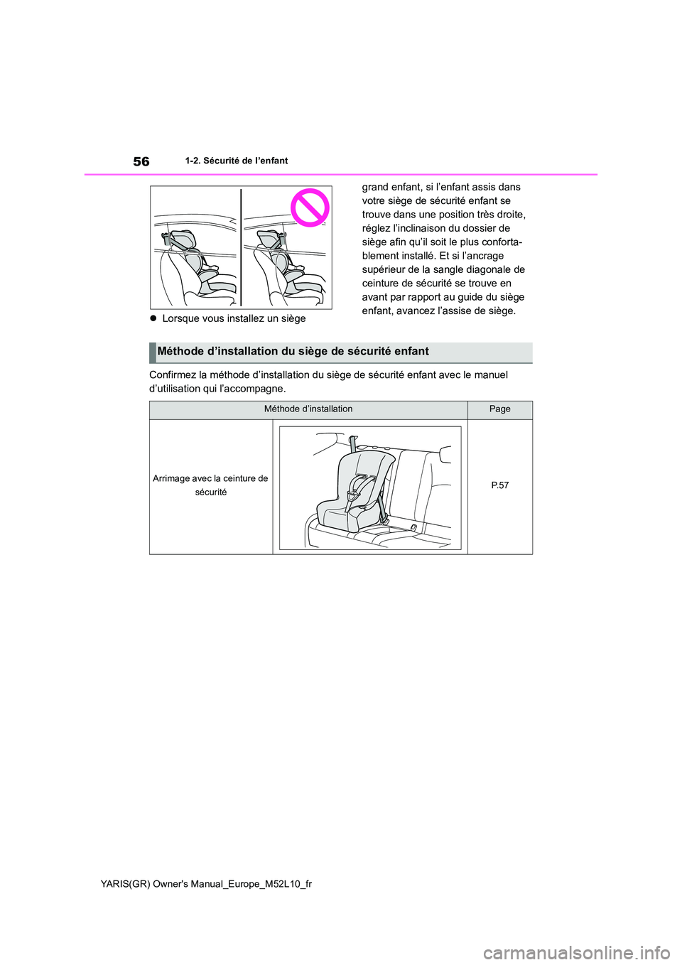 TOYOTA GR YARIS 2020  Notices Demploi (in French) 56
YARIS(GR) Owners Manual_Europe_M52L10_fr
1-2. Sécurité de l’enfant
�zLorsque vous installez un siège  
grand enfant, si l’enfant assis dans  
votre siège de sécurité enfant se 
trouve da