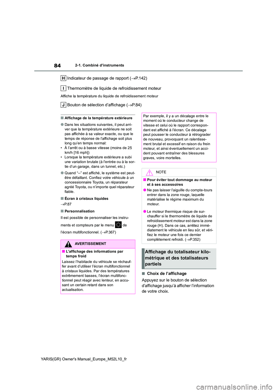 TOYOTA GR YARIS 2020  Notices Demploi (in French) 84
YARIS(GR) Owners Manual_Europe_M52L10_fr
2-1. Combiné d’instruments
Indicateur de passage de rapport (→P.142) 
Thermomètre de liquide de refroidissement moteur
Affiche la température du liq