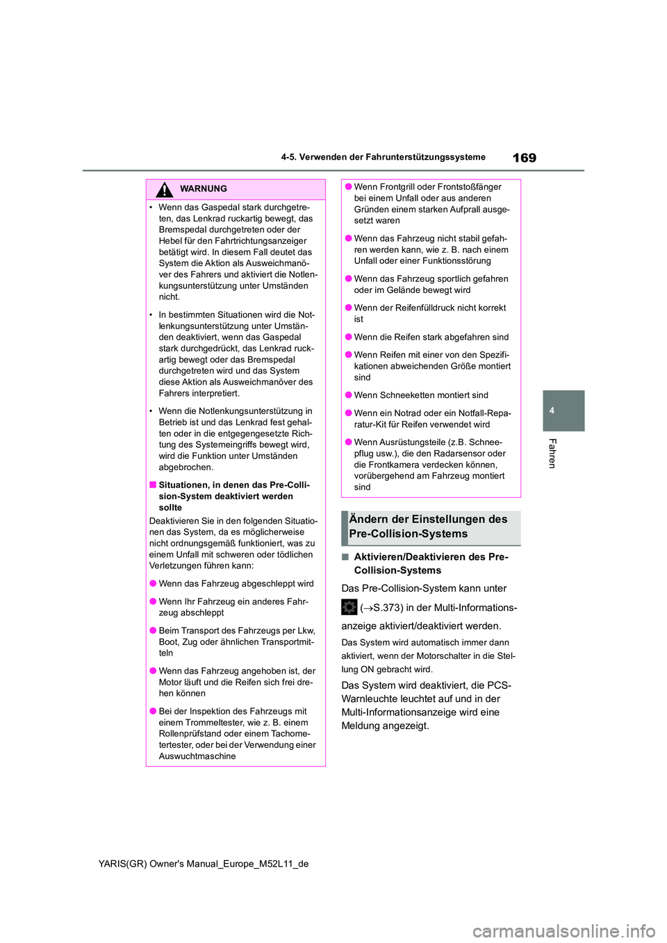 TOYOTA GR YARIS 2020  Betriebsanleitungen (in German) 169
4
YARIS(GR) Owners Manual_Europe_M52L11_de
4-5. Verwenden der Fahrunterstützungssysteme
Fahren
■Aktivieren/Deaktivieren des Pre- 
Collision-Systems 
Das Pre-Collision-System kann unter  
 ( 