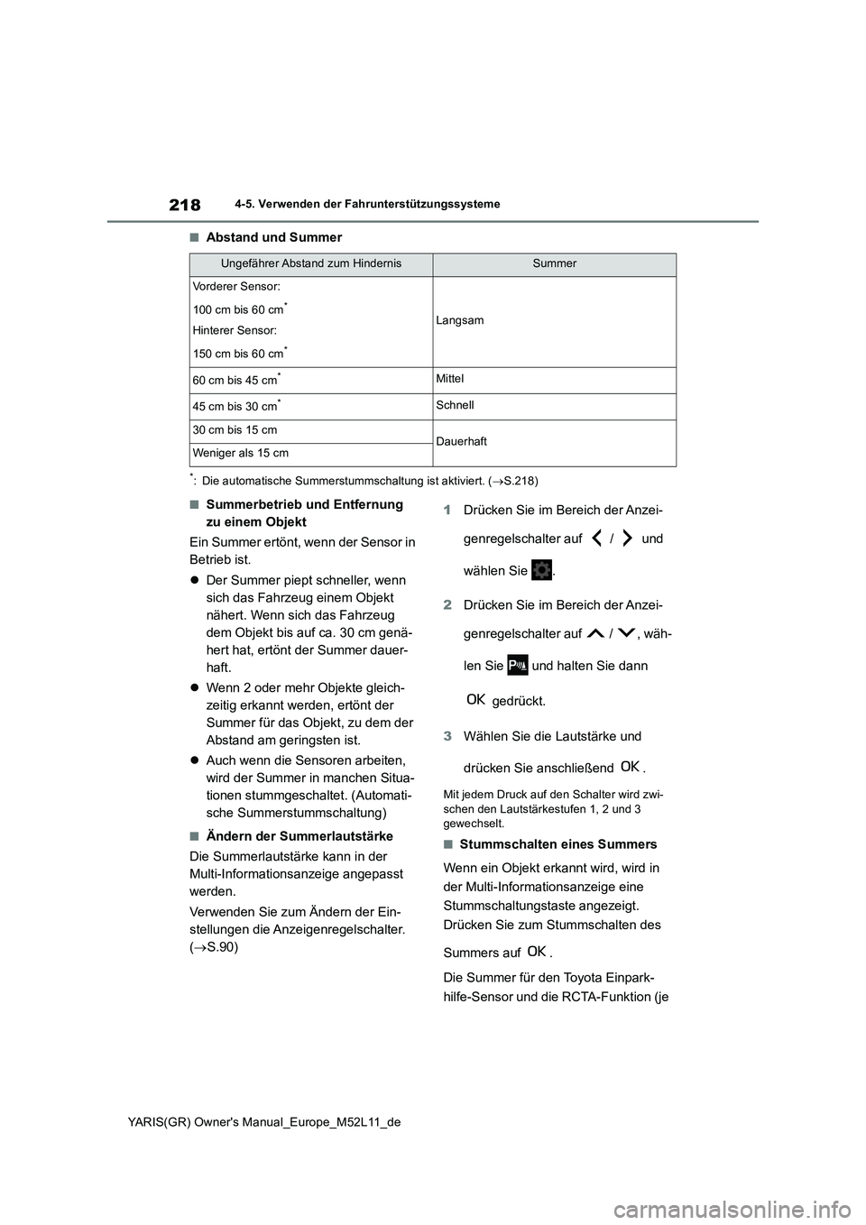 TOYOTA GR YARIS 2020  Betriebsanleitungen (in German) 218
YARIS(GR) Owners Manual_Europe_M52L11_de
4-5. Verwenden der Fahrunterstützungssysteme
■Abstand und Summer
*: Die automatische Summerstummschaltung ist aktiviert. (S.218)
■Summerbetrieb un
