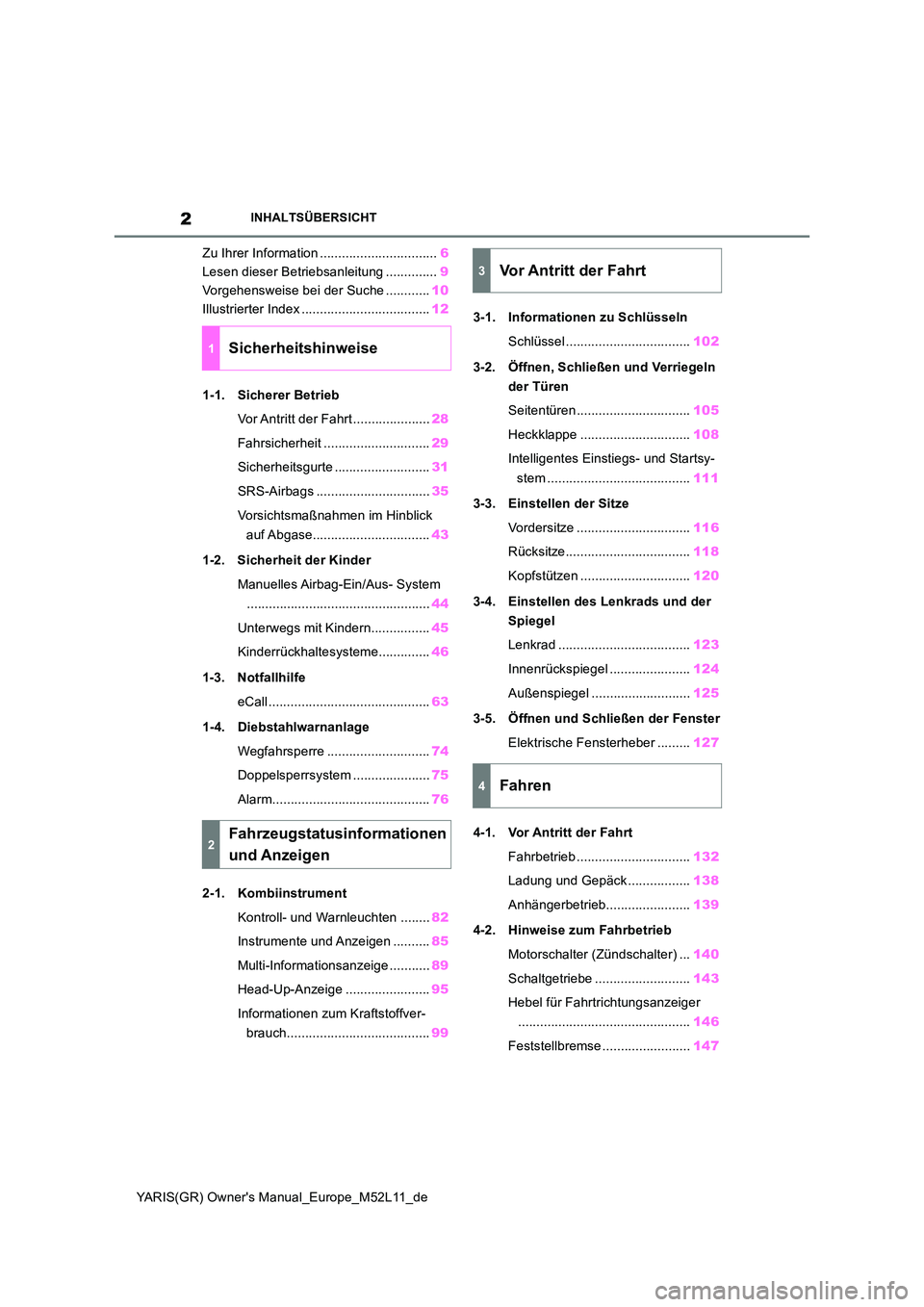 TOYOTA GR YARIS 2020 Betriebsanleitungen (in German) 2
YARIS(GR) Owners Manual_Europe_M52L11_de
INHALTSÜBERSICHT
Zu Ihrer Information ................................6
Lesen dieser Betriebsanleitung .............. 9
Vorgehensweise bei der Suche .... TOYOTA GR YARIS 2020 Betriebsanleitungen (in German) 2
YARIS(GR) Owners Manual_Europe_M52L11_de
INHALTSÜBERSICHT
Zu Ihrer Information ................................6
Lesen dieser Betriebsanleitung .............. 9
Vorgehensweise bei der Suche ....
