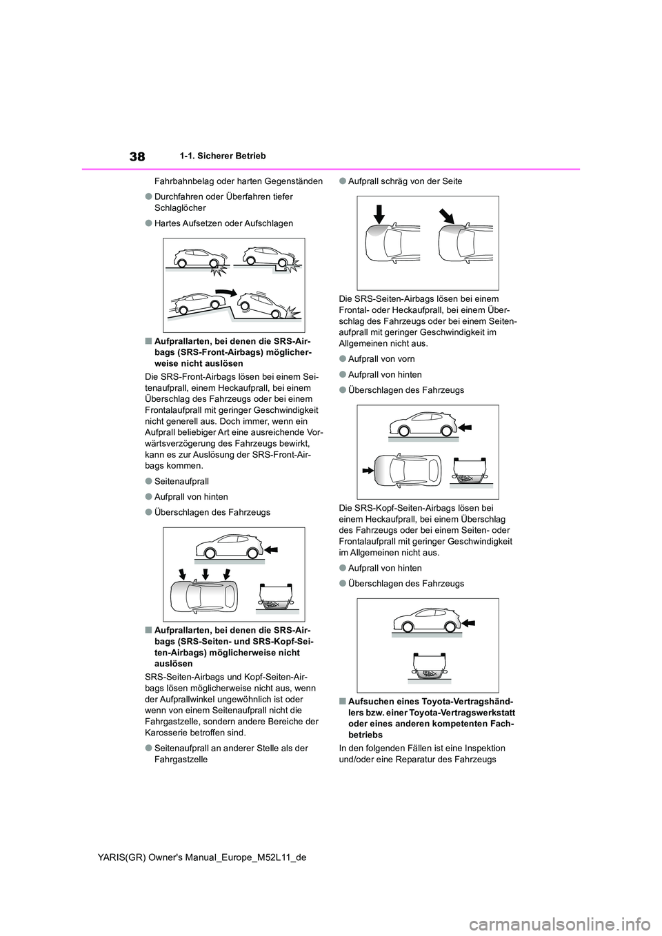 TOYOTA GR YARIS 2020 Betriebsanleitungen (in German) 38
YARIS(GR) Owners Manual_Europe_M52L11_de
1-1. Sicherer Betrieb
Fahrbahnbelag oder harten Gegenständen
●Durchfahren oder Überfahren tiefer
Schlaglöcher
●Hartes Aufsetzen oder Aufschlagen TOYOTA GR YARIS 2020 Betriebsanleitungen (in German) 38
YARIS(GR) Owners Manual_Europe_M52L11_de
1-1. Sicherer Betrieb
Fahrbahnbelag oder harten Gegenständen
●Durchfahren oder Überfahren tiefer
Schlaglöcher
●Hartes Aufsetzen oder Aufschlagen