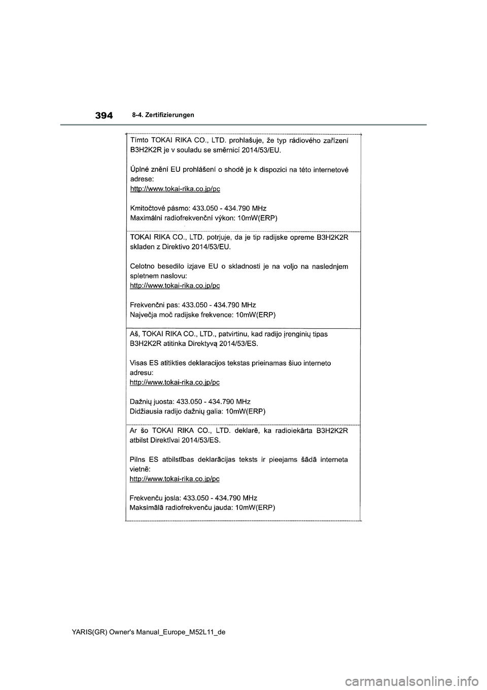 TOYOTA GR YARIS 2020  Betriebsanleitungen (in German) 394
YARIS(GR) Owners Manual_Europe_M52L11_de
8-4. Zertifizierungen 