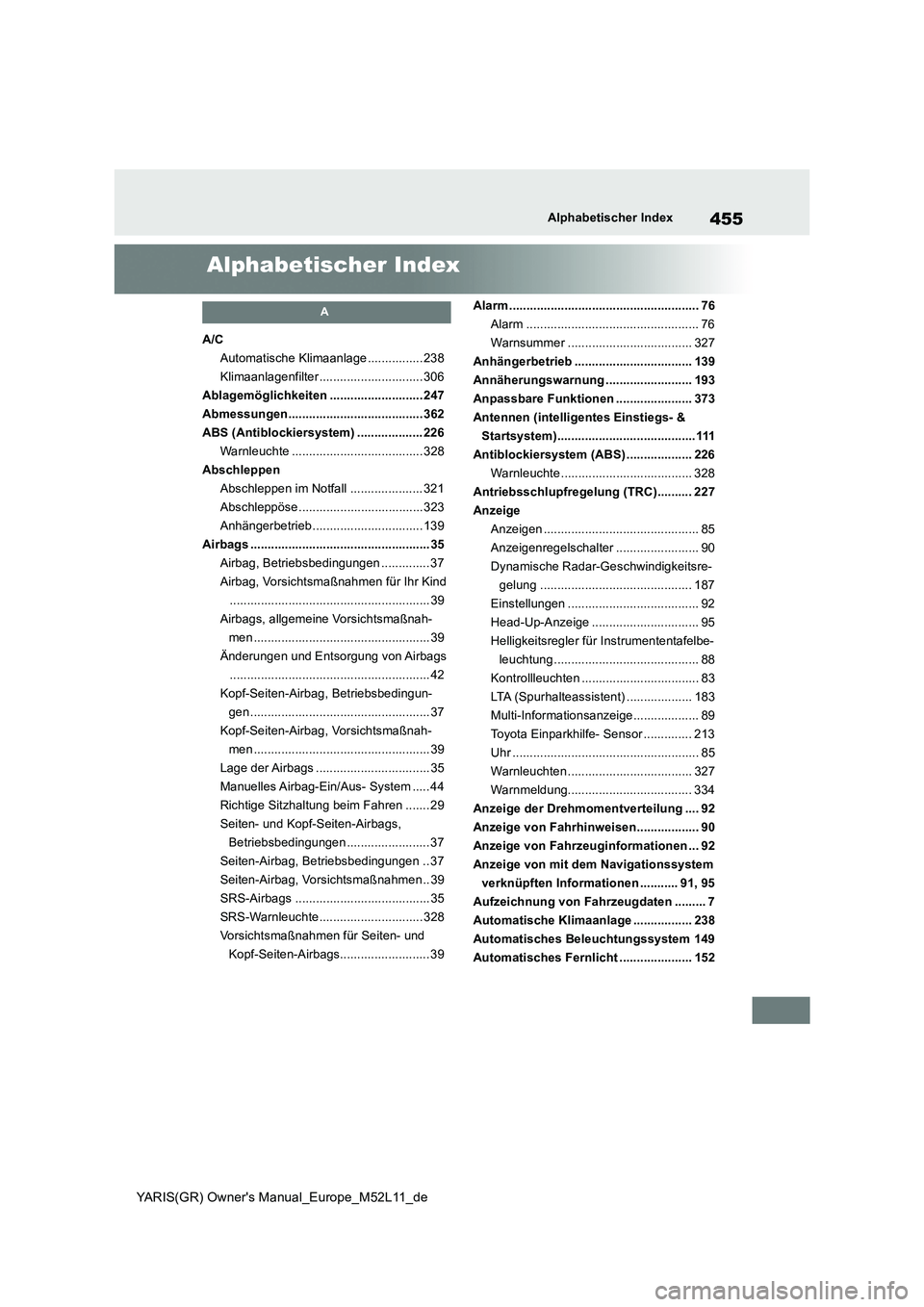 TOYOTA GR YARIS 2020  Betriebsanleitungen (in German) 455
YARIS(GR) Owners Manual_Europe_M52L11_de
Alphabetischer Index
Alphabetischer Index
A
A/C 
Automatische Klimaanlage ................ 238
Klimaanlagenfilter .............................. 306
Ablag