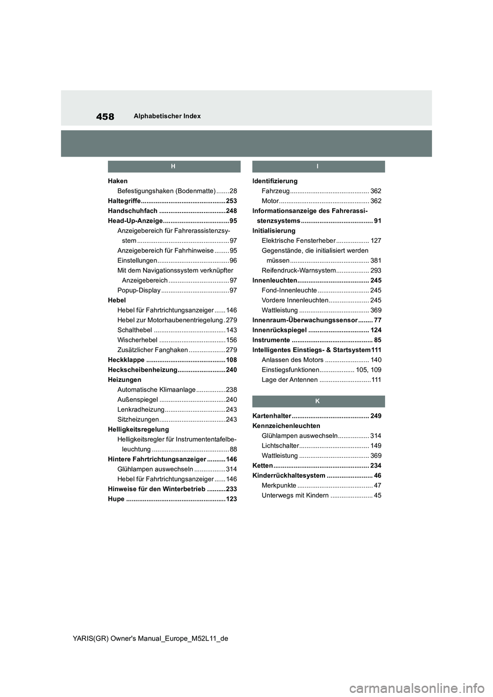 TOYOTA GR YARIS 2020  Betriebsanleitungen (in German) 458
YARIS(GR) Owners Manual_Europe_M52L11_de
Alphabetischer Index
H
Haken 
Befestigungshaken (Bodenmatte) ....... 28
Haltegriffe.............................................. 253
Handschuhfach ......