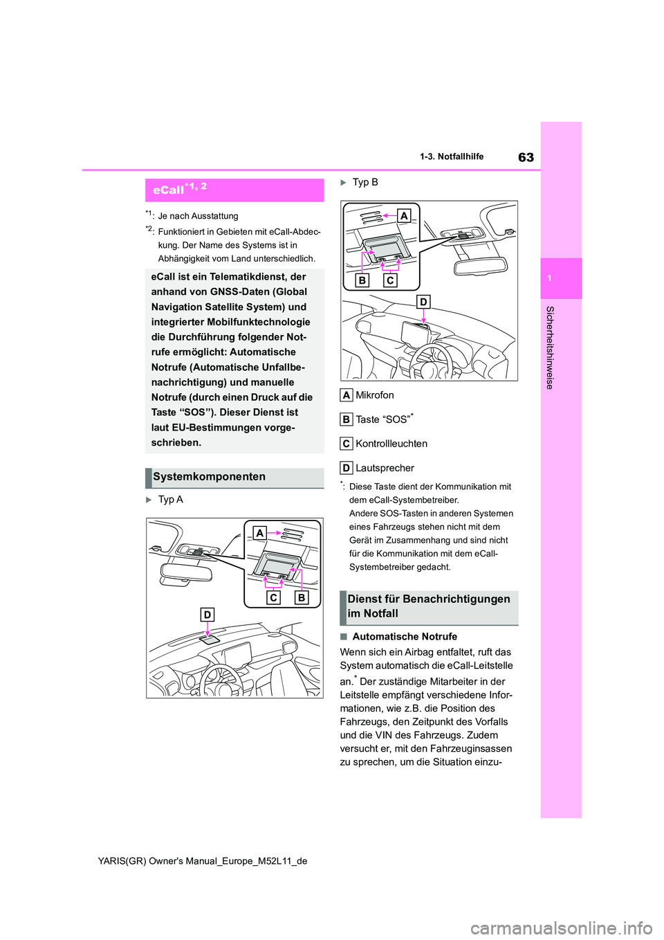 TOYOTA GR YARIS 2020  Betriebsanleitungen (in German) 63
1
YARIS(GR) Owners Manual_Europe_M52L11_de
1-3. Notfallhilfe
Sicherheitshinweise
1-3.Notfallhilfe
*1: Je nach Ausstattung
*2: Funktioniert in Gebieten mit eCall-Abdec- 
kung. Der Name des Systems 