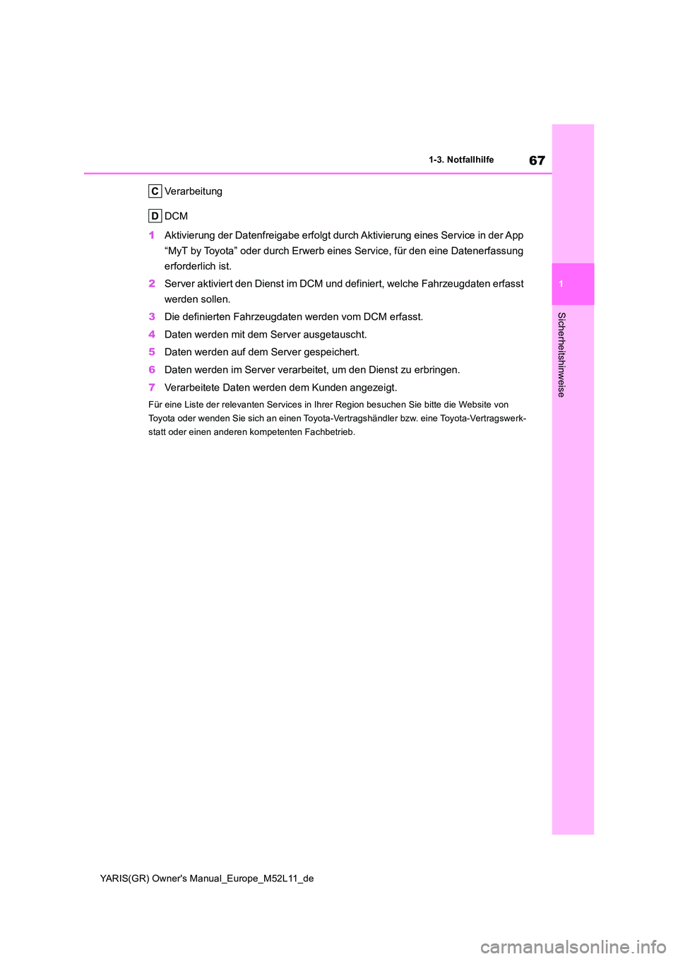 TOYOTA GR YARIS 2020  Betriebsanleitungen (in German) 67
1
YARIS(GR) Owners Manual_Europe_M52L11_de
1-3. Notfallhilfe
Sicherheitshinweise
Verarbeitung 
DCM 
1 Aktivierung der Datenfreigabe erfolgt durch Aktivierung eines Service in der App  
“MyT by T