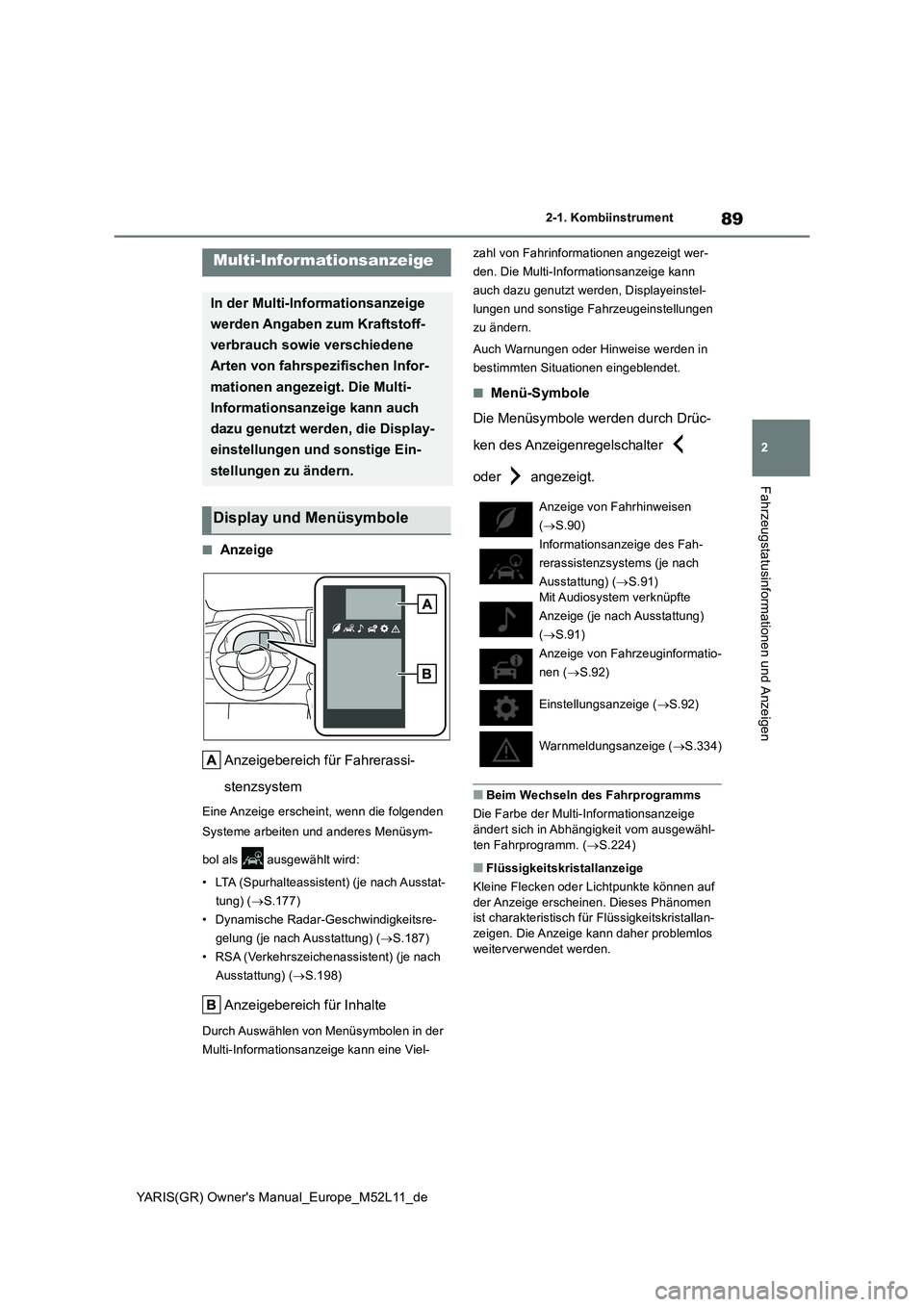 TOYOTA GR YARIS 2020  Betriebsanleitungen (in German) 89
2
YARIS(GR) Owners Manual_Europe_M52L11_de
2-1. Kombiinstrument
Fahrzeugstatusinformationen und Anzeigen
■Anzeige 
Anzeigebereich für Fahrerassi- 
stenzsystem
Eine Anzeige erscheint, wenn die f