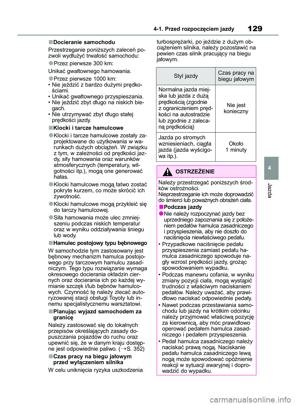 TOYOTA GR YARIS 2020  Instrukcja obsługi (in Polish) Docieranie samochodu
Przestrzeganie poni˝szych zaleceƒ po-
zwoli wyd∏u˝yç trwa∏oÊç samochodu:
Przez pierwsze 300 km:
Unikaç gwa∏townego hamowania.
Przez pierwsze 1000 km:
• Nie jeêdzi