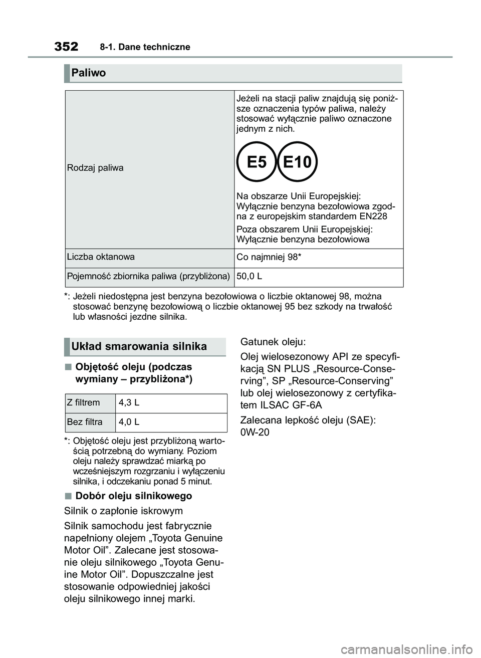 TOYOTA GR YARIS 2020  Instrukcja obsługi (in Polish) Obj´toÊç oleju (podczas
wymiany – przybli˝ona*)
*: Obj´toÊç oleju jest przybli˝onà war to-
Êcià potrzebnà do wymiany. Poziom
oleju nale˝y sprawdzaç miarkà po
wczeÊniejszym rozgrzaniu