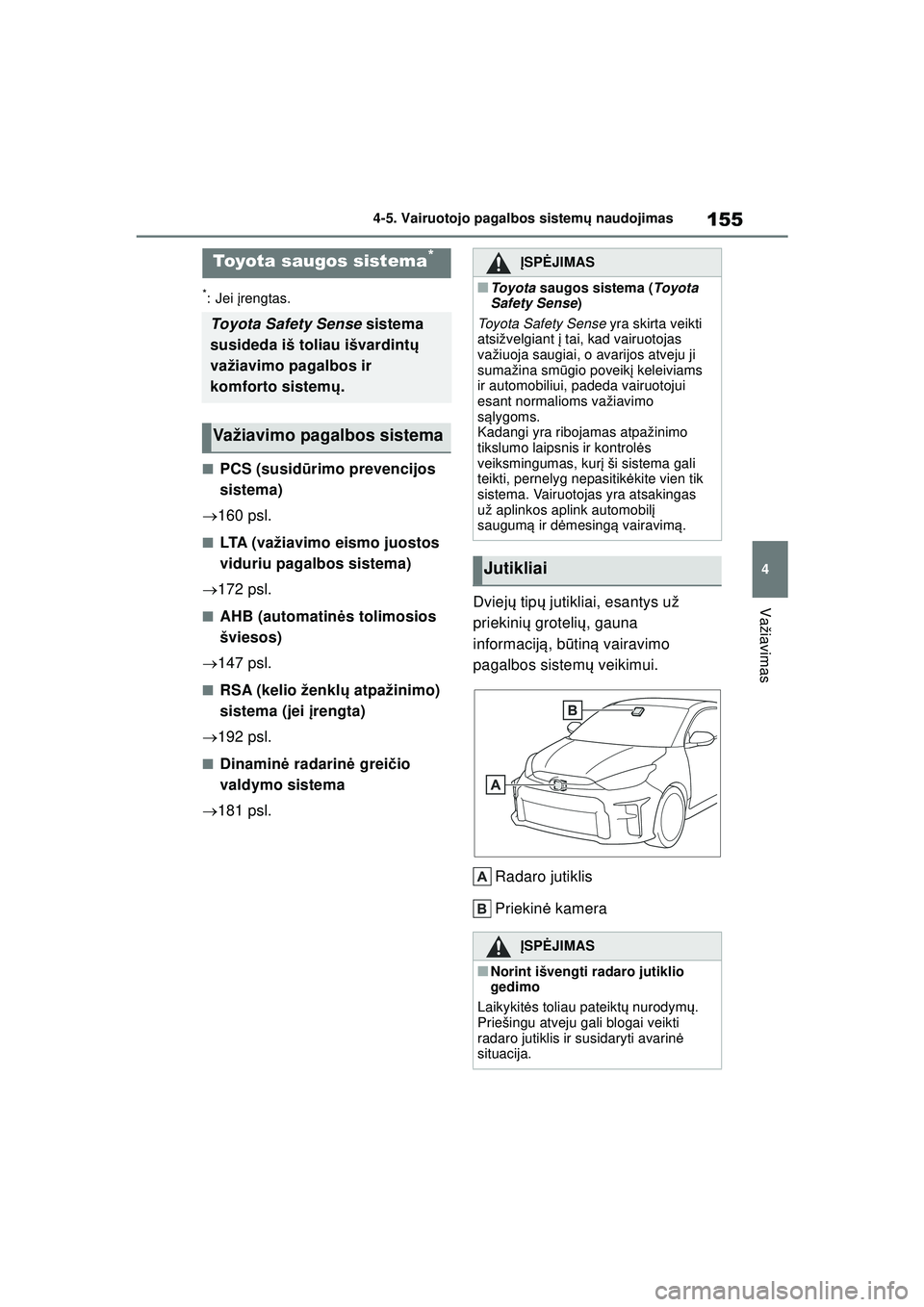 TOYOTA GR YARIS 2020  Eksploatavimo vadovas (in Lithuanian) 155
4
YARIS(GR) Owners Manual_Europe_M52L09_LT
4-5. Vairuotojo pagalbos sistemų naudojimas
Važiavimas
4 -5 .Va ir uotojo pa ga lbos  s is tem ų na udoji ma s
*:Jei  įrengtas.
■PCS (susid ūrimo