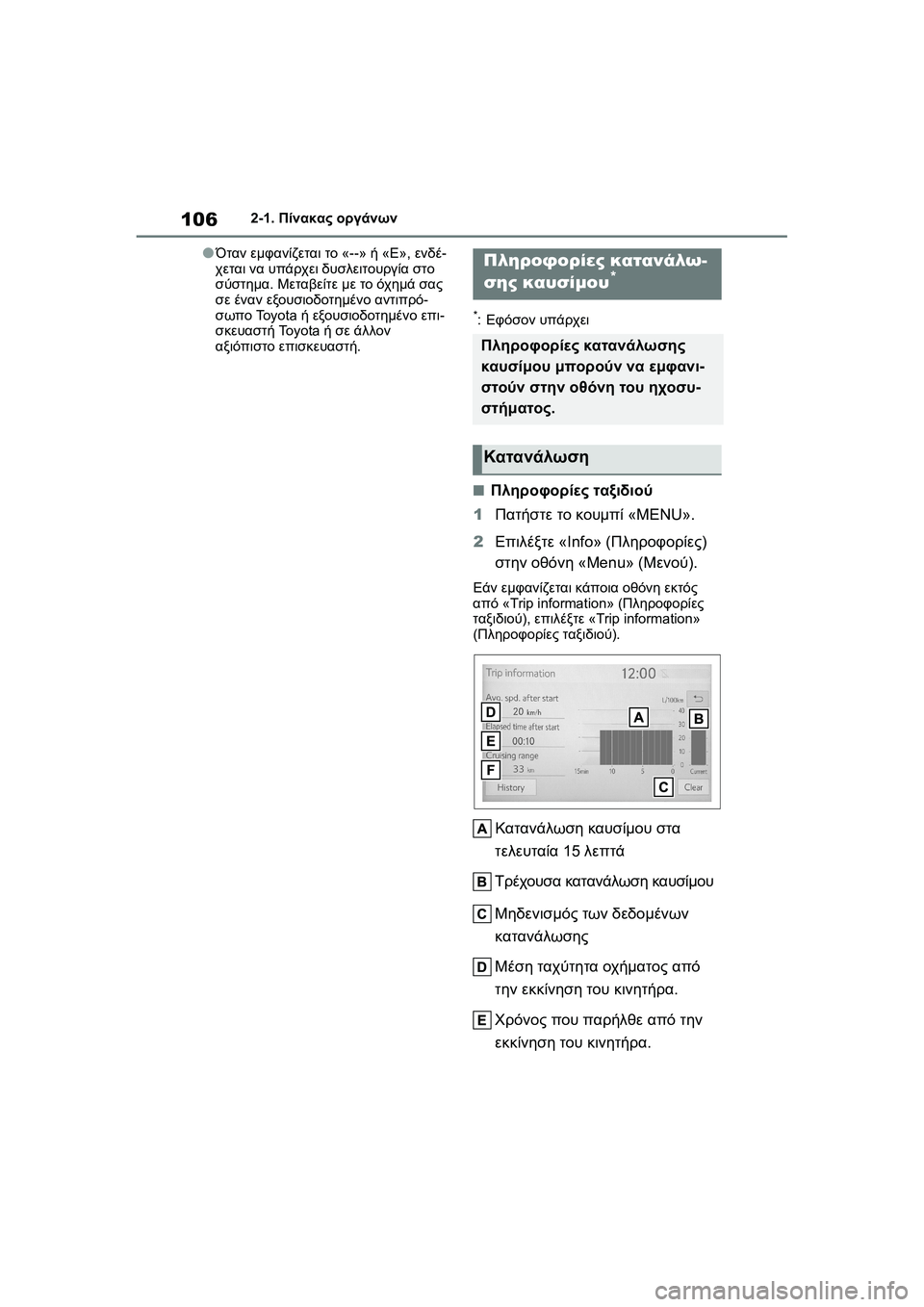 TOYOTA GR YARIS 2020  ΟΔΗΓΌΣ ΧΡΉΣΗΣ (in Greek) 106
YARIS(GR) Owners Manual_Europe_M52L09_en
2-1. Πίνακας οργάνων
�OΌταν εμφανίζεται το «--» ή «E», ενδέ-
χεται να υπάρχει δυσλειτουργ