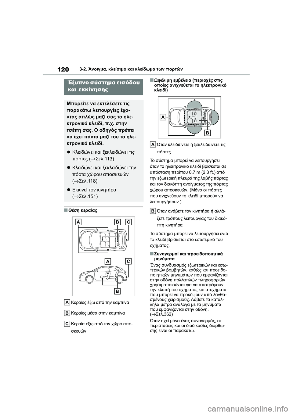 TOYOTA GR YARIS 2020  ΟΔΗΓΌΣ ΧΡΉΣΗΣ (in Greek) 120
YARIS(GR) Owners Manual_Europe_M52L09_en
3-2. Άνοιγμα, κλείσιμο και κλείδωμα των πορτών
�QΘέση κεραίας
Κεραίες έξω από την καμπί