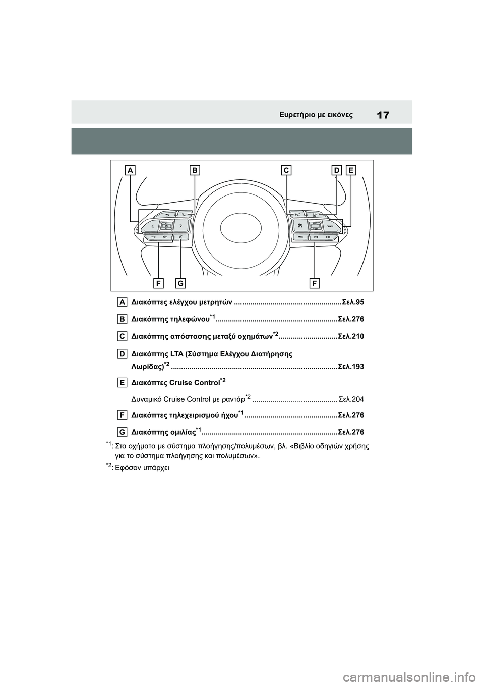 TOYOTA GR YARIS 2020  ΟΔΗΓΌΣ ΧΡΉΣΗΣ (in Greek) 17
YARIS(GR) Owners Manual_Europe_M52L09_en
Ευρετήριο με εικόνες
Διακόπτες ελέγχου μετρητών.....................................................Σελ.95
Δ