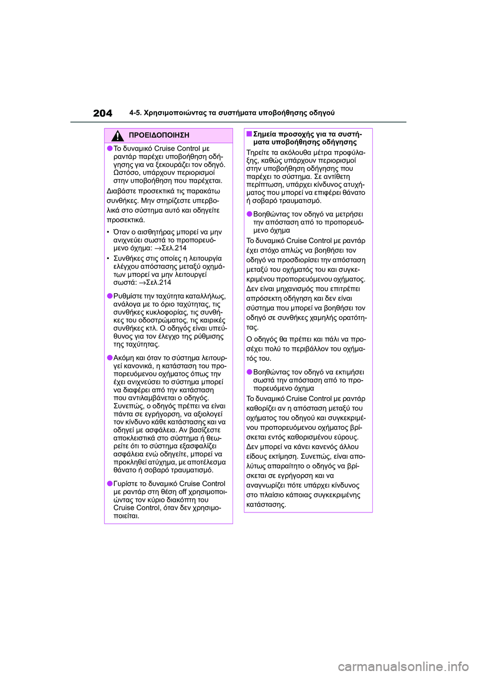 TOYOTA GR YARIS 2020  ΟΔΗΓΌΣ ΧΡΉΣΗΣ (in Greek) 204
YARIS(GR) Owners Manual_Europe_M52L09_en
4-5. Χρησιμοποιώντας τα συστήματα υποβοήθησης οδηγού
ΠΡΟΕΙΔΟΠΟΙΗΣΗ
�OΤο δυναμικό Cruise 