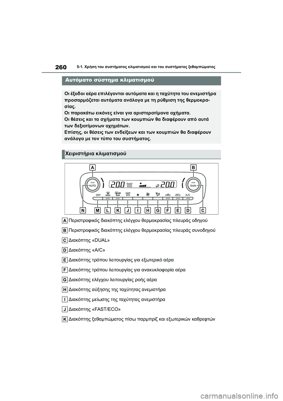 TOYOTA GR YARIS 2020  ΟΔΗΓΌΣ ΧΡΉΣΗΣ (in Greek) 260
YARIS(GR) Owners Manual_Europe_M52L09_en
5-1. Χρήση του συστήματος κλιματισμού και του συστήματος ξεθαμπώματος
5-1.Χρήση του συ