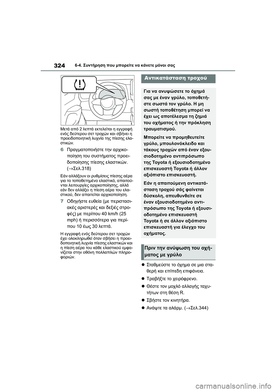 TOYOTA GR YARIS 2020  ΟΔΗΓΌΣ ΧΡΉΣΗΣ (in Greek) 324
YARIS(GR) Owners Manual_Europe_M52L09_en
6-4. Συντήρηση που μπορείτε να κάνετε μόνοι σας
Μετά από 2 λεπτά εκτελείται η εγγραφή 
