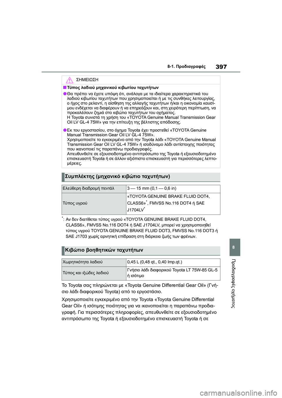 TOYOTA GR YARIS 2020  ΟΔΗΓΌΣ ΧΡΉΣΗΣ (in Greek) 397
8
YARIS(GR) Owners Manual_Europe_M52L09_en
8-1. Προδιαγραφές
Προδιαγραφές οχήματος
*:Αν δεν διατίθεται τύπος υγρού «TOYOTA GENUINE BRAKE 