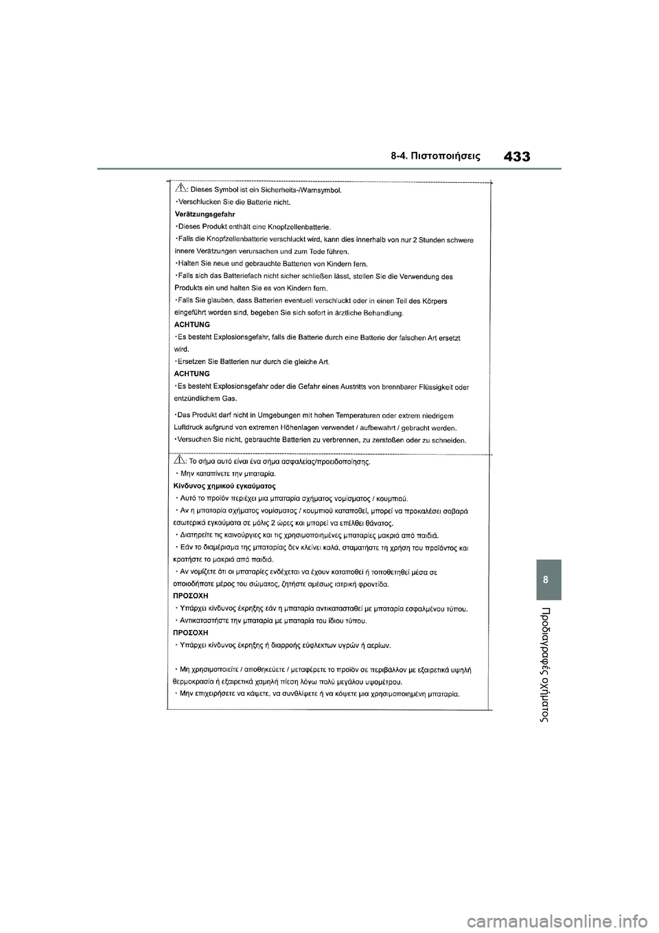 TOYOTA GR YARIS 2020  ΟΔΗΓΌΣ ΧΡΉΣΗΣ (in Greek) 433
8
YARIS(GR) Owners Manual_Europe_M52L09_en
8-4. Πιστοποιήσεις
Προδιαγραφές οχήματος 