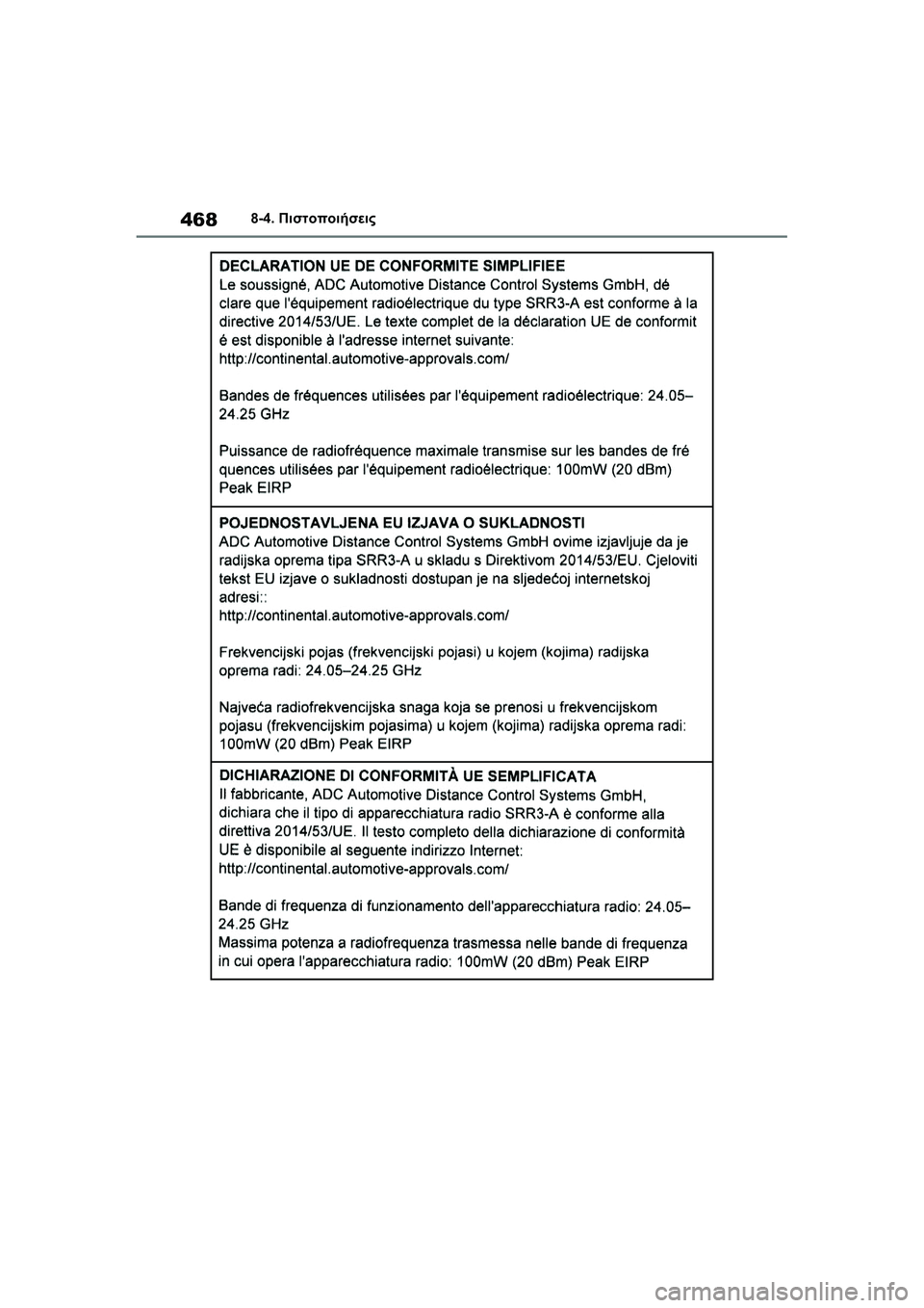 TOYOTA GR YARIS 2020  ΟΔΗΓΌΣ ΧΡΉΣΗΣ (in Greek) 468
YARIS(GR) Owners Manual_Europe_M52L09_en
8-4. Πιστοποιήσεις 