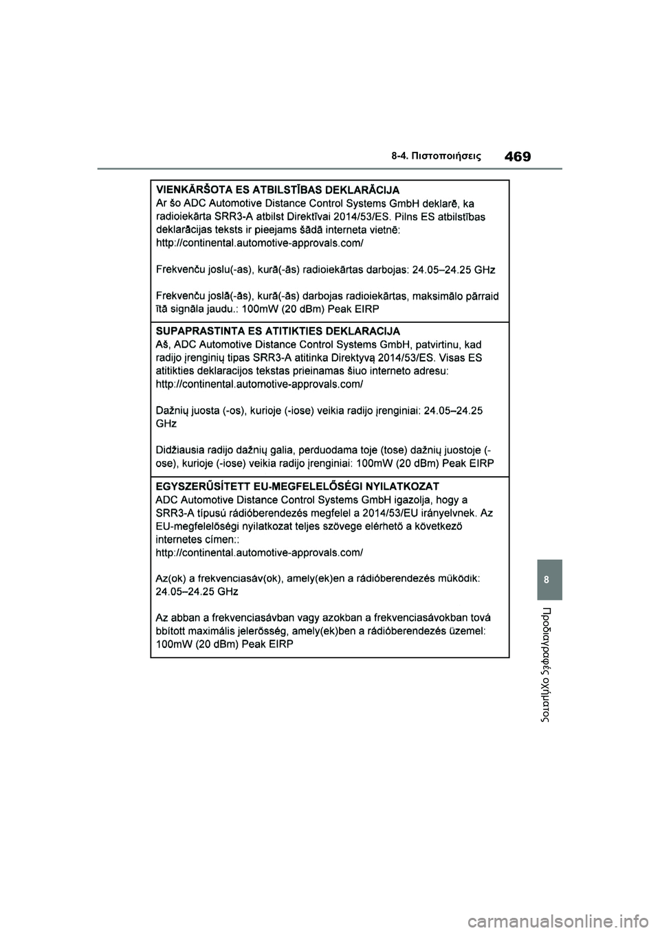 TOYOTA GR YARIS 2020  ΟΔΗΓΌΣ ΧΡΉΣΗΣ (in Greek) 469
8
YARIS(GR) Owners Manual_Europe_M52L09_en
8-4. Πιστοποιήσεις
Προδιαγραφές οχήματος 
