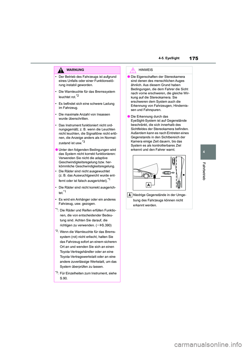 TOYOTA GR86 2022 Betriebsanleitungen (in German) 175
4
4-5. EyeSight
Fahrbetrieb
WARNUNG
• Der Betrieb des Fahrzeugs ist aufgrund
eines Unfalls oder einer Funktionsstö-
rung instabil geworden.
• Die Warnleuchte für das Bremssystem
leucht TOYOTA GR86 2022 Betriebsanleitungen (in German) 175
4
4-5. EyeSight
Fahrbetrieb
WARNUNG
• Der Betrieb des Fahrzeugs ist aufgrund
eines Unfalls oder einer Funktionsstö-
rung instabil geworden.
• Die Warnleuchte für das Bremssystem
leucht