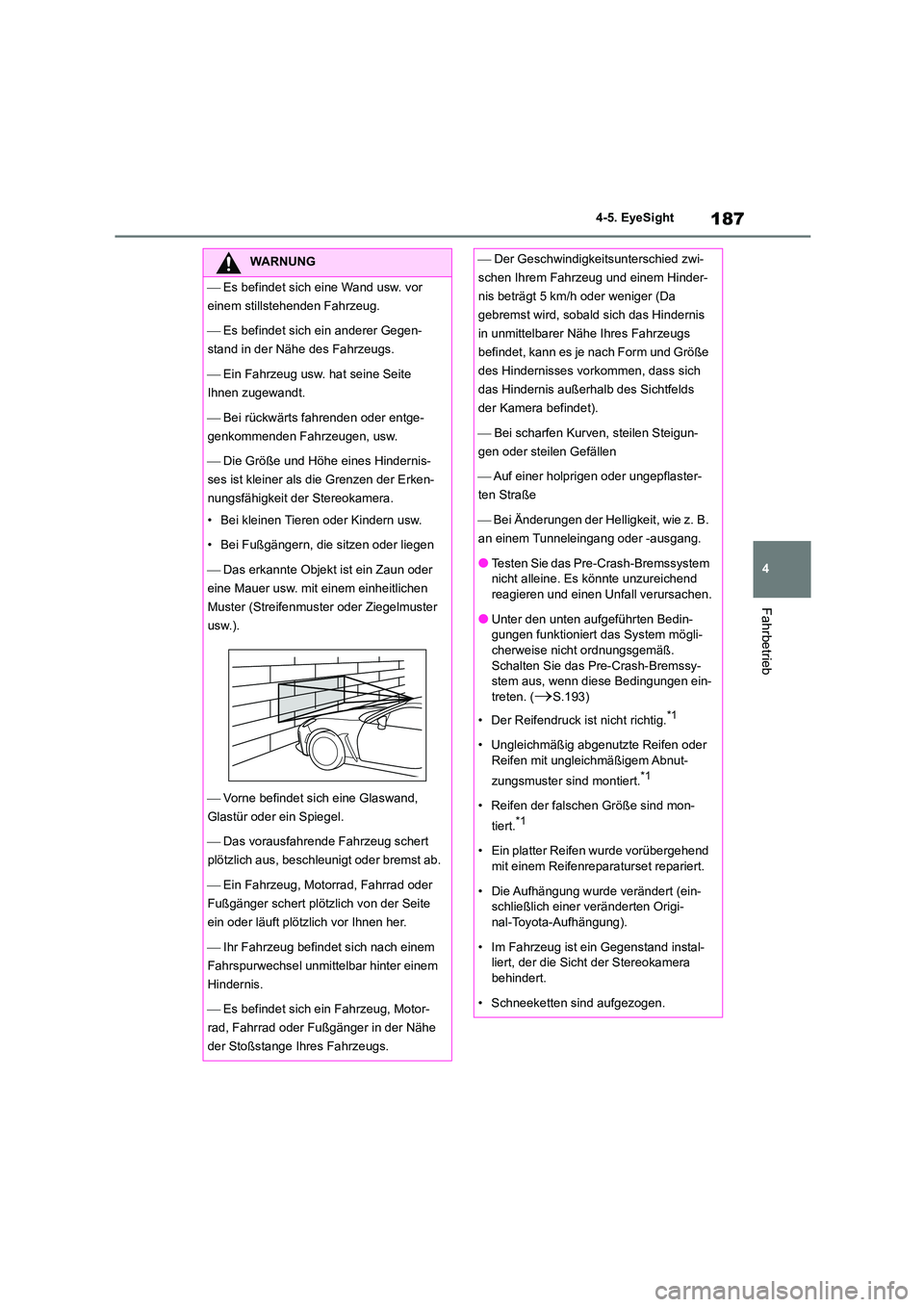 TOYOTA GR86 2022 Betriebsanleitungen (in German) 187
4
4-5. EyeSight
Fahrbetrieb
WARNUNG
Es befindet sich eine Wand usw. vor
einem stillstehenden Fahrzeug.
Es befindet sich ein anderer Gegen-
stand in der Nähe des Fahrzeugs.
Ei TOYOTA GR86 2022 Betriebsanleitungen (in German) 187
4
4-5. EyeSight
Fahrbetrieb
WARNUNG
Es befindet sich eine Wand usw. vor
einem stillstehenden Fahrzeug.
Es befindet sich ein anderer Gegen-
stand in der Nähe des Fahrzeugs.
Ei