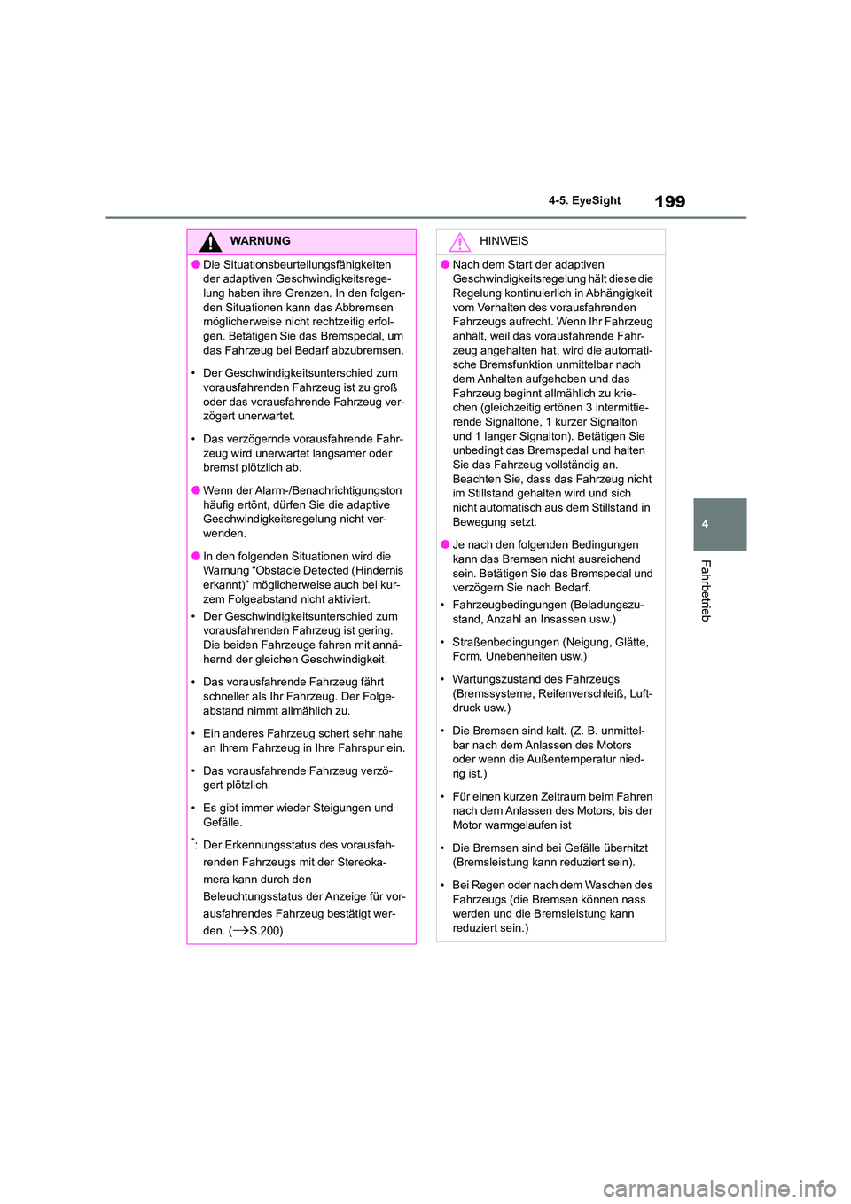 TOYOTA GR86 2022 Betriebsanleitungen (in German) 199
4
4-5. EyeSight
Fahrbetrieb
WARNUNG
●Die Situationsbeurteilungsfähigkeiten
der adaptiven Geschwindigkeitsrege-
lung haben ihre Grenzen. In den folgen- den Situationen kann das Abbremsen
m TOYOTA GR86 2022 Betriebsanleitungen (in German) 199
4
4-5. EyeSight
Fahrbetrieb
WARNUNG
●Die Situationsbeurteilungsfähigkeiten
der adaptiven Geschwindigkeitsrege-
lung haben ihre Grenzen. In den folgen- den Situationen kann das Abbremsen
m