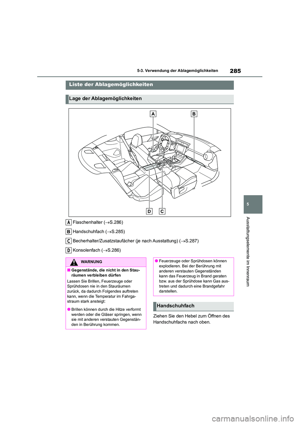 TOYOTA GR86 2022 Betriebsanleitungen (in German) 285
5
5-3. Verwendung der Ablagemöglichkeiten
Ausstattungselemente im Innenraum
5-3.Verwendung der Ablagemöglichkeiten
Flaschenhalter ( S.286)
Handschuhfach ( S.285)
Becherhalter/Zusatzstau TOYOTA GR86 2022 Betriebsanleitungen (in German) 285
5
5-3. Verwendung der Ablagemöglichkeiten
Ausstattungselemente im Innenraum
5-3.Verwendung der Ablagemöglichkeiten
Flaschenhalter ( S.286)
Handschuhfach ( S.285)
Becherhalter/Zusatzstau