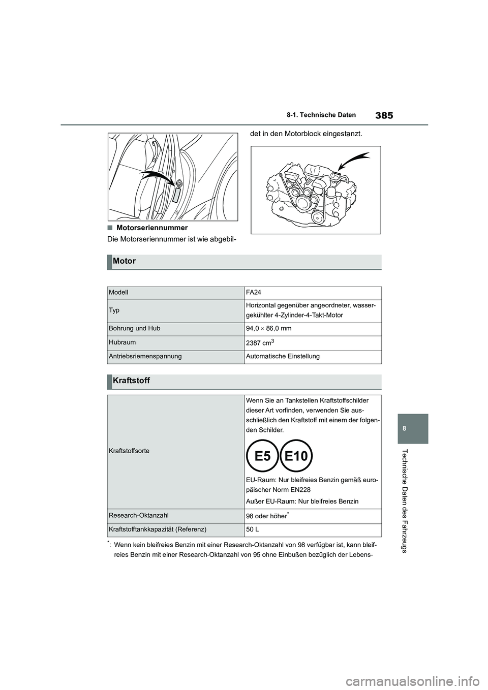 TOYOTA GR86 2022  Betriebsanleitungen (in German) 385
8 
8-1. Technische Daten
Technische Daten des Fahrzeugs
■Motorseriennummer 
Die Motorseriennummer ist wie abgebil- 
det in den Motorblock eingestanzt.
*: Wenn kein bleifreies Benzin mit einer Re