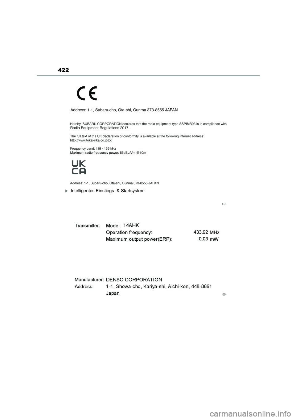 TOYOTA GR86 2022  Betriebsanleitungen (in German) 422
Intelligentes Einstiegs- & Startsystem 