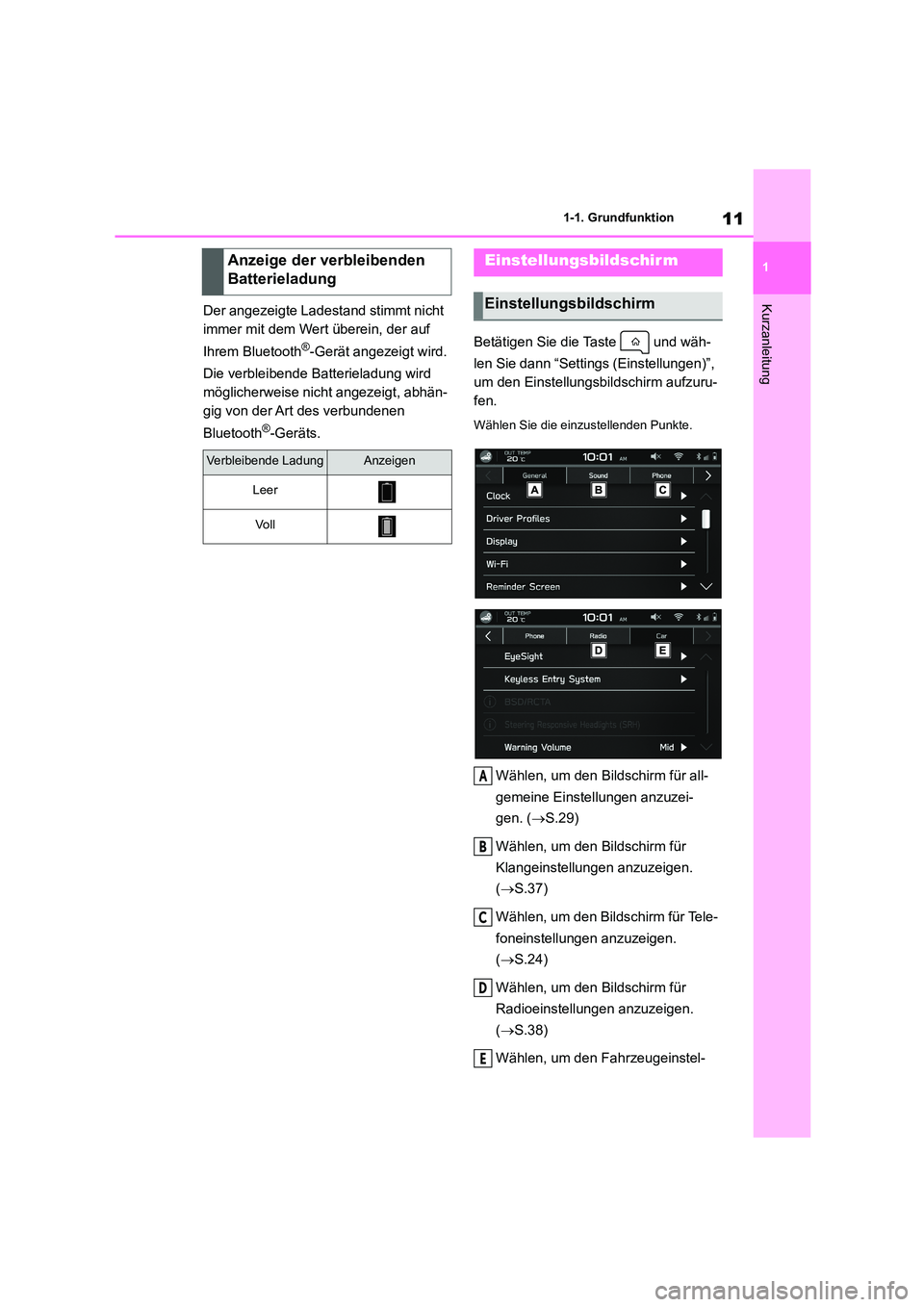 TOYOTA GR86 2022  Betriebsanleitungen (in German) 11
1 
1-1. Grundfunktion
KurzanleitungDer angezeigte Ladestand stimmt nicht  
immer mit dem Wert überein, der auf  
Ihrem Bluetooth®-Gerät angezeigt wird. 
Die verbleibende Batterieladung wird  
m