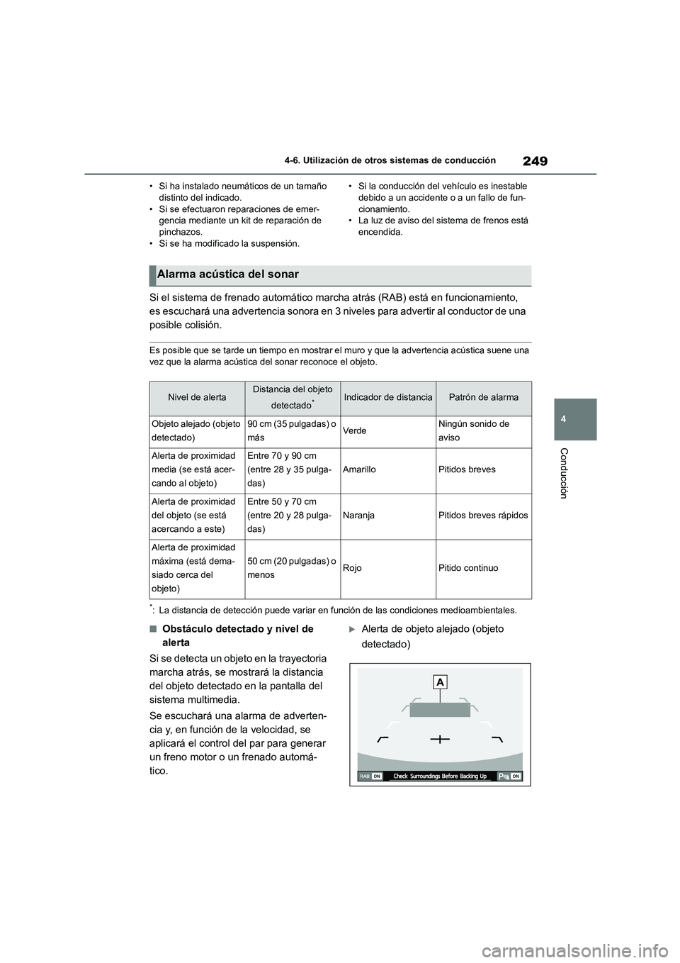 TOYOTA GR86 2022  Manuale de Empleo (in Spanish) 249
4 
4-6. Utilización de otros sistemas de conducción
Conducción
• Si ha instalado neumáticos de un tamaño  distinto del indicado. 
• Si se efectuaron reparaciones de emer-
gencia mediante 